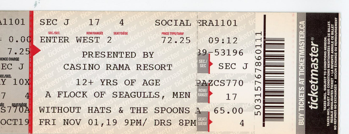 A Flock of Seagulls/Men Without Hats/The Spoons Concert Ticket Stub Casino Rama (Orillia, 2019)