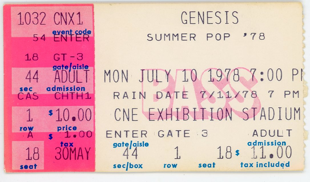 Genesis Vintage Concert Ticket CNE Exhibition Stadium (Toronto, 1978)