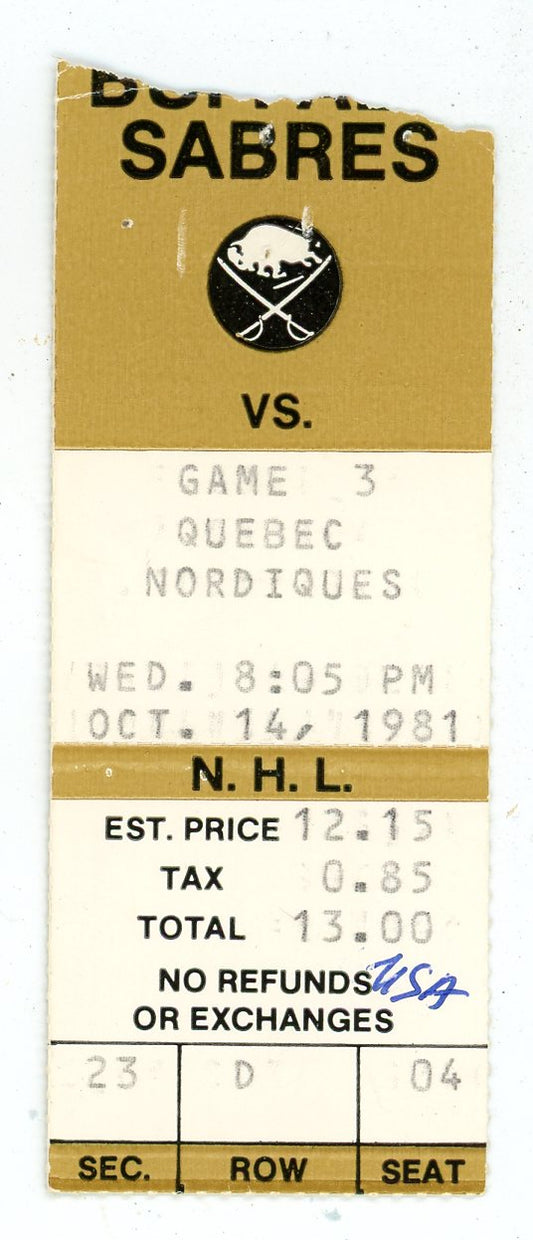Buffalo Sabres vs Quebec Nordiques Vintage Ticket Buffalo Memorial Auditorium (Buffalo, 1981)