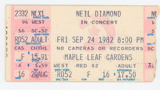 Neil Diamond Vintage Concert Ticket Maple Leaf Gardens (Toronto, 1982)