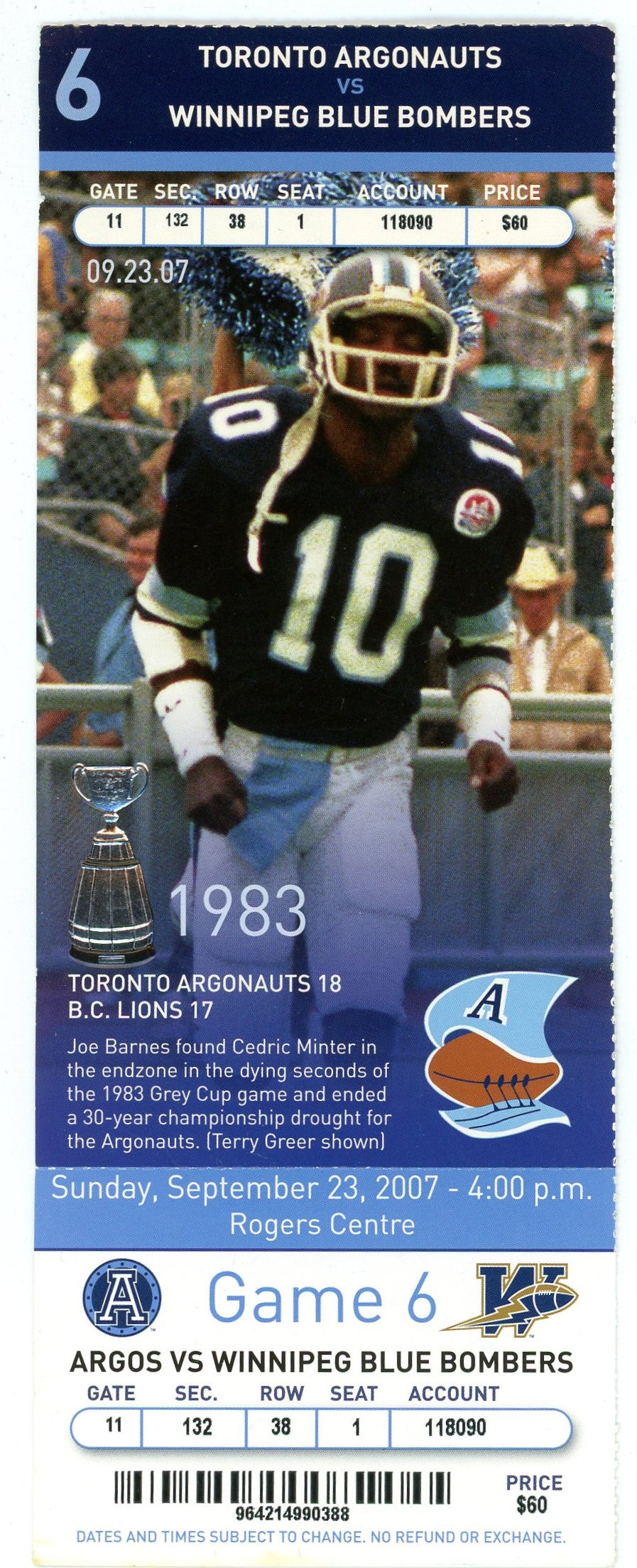 Toronto Argonauts vs. Winnipeg Blue Bombers Vintage Ticket Stub Rogers Centre (Toronto, 1983)