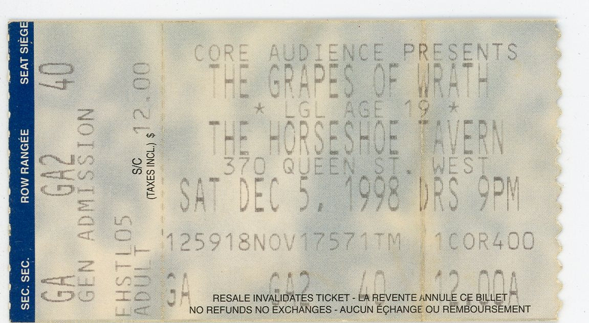 The Grapes of Wrath Vintage Concert Ticket The Horseshoe Taven (Toronto, 1998)