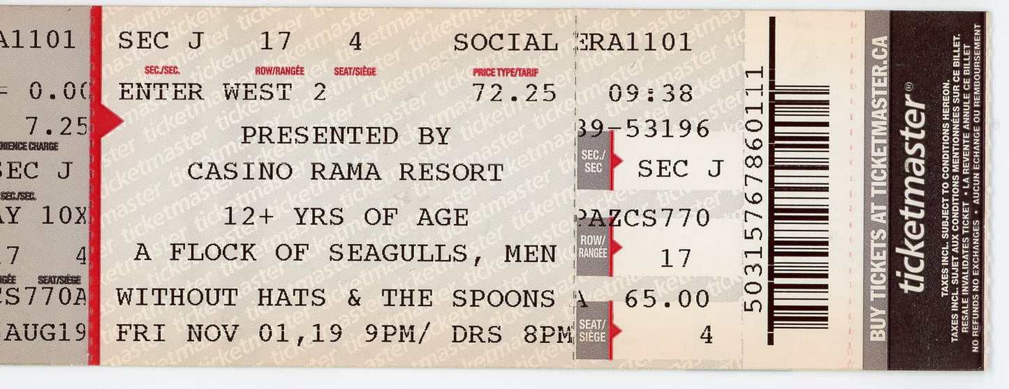 Flock of Seagulls/Men Without Hats/The Spoons Concert Ticket Stub Casino Rama (Orillia, 2019)