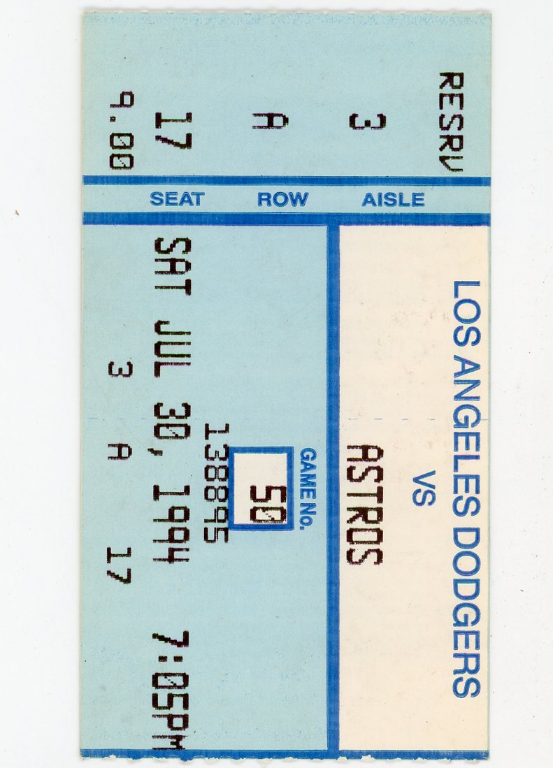 Dodgers vs. Houston Astros Vintage Ticket Dodger Stadium (Los Angeles, 1994) MLB Strike Year