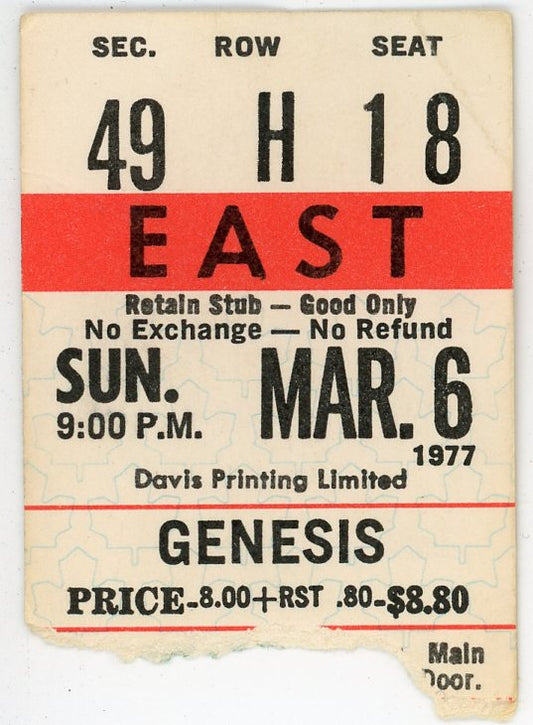 Genesis Vintage Concert Ticket Stub Maple Leaf Gardens (Toronto, 1977)