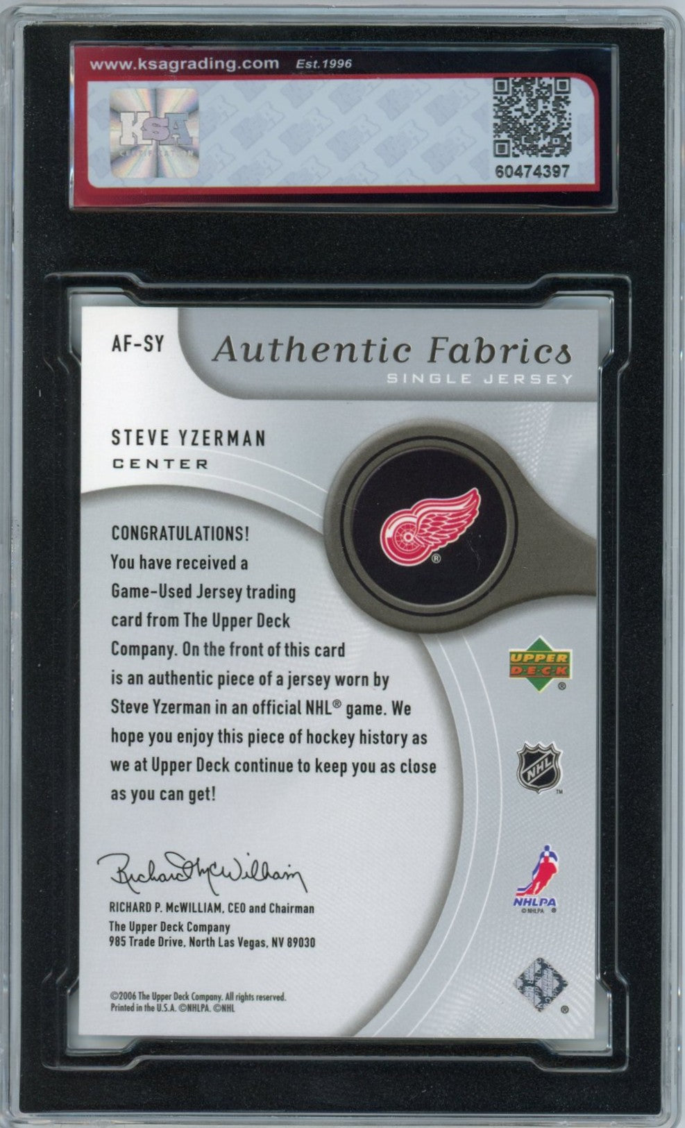 2005/06 SP Game Used Steve Yzerman Authentic Fabrics #AF-SY Graded Jersey Card KSA 9
