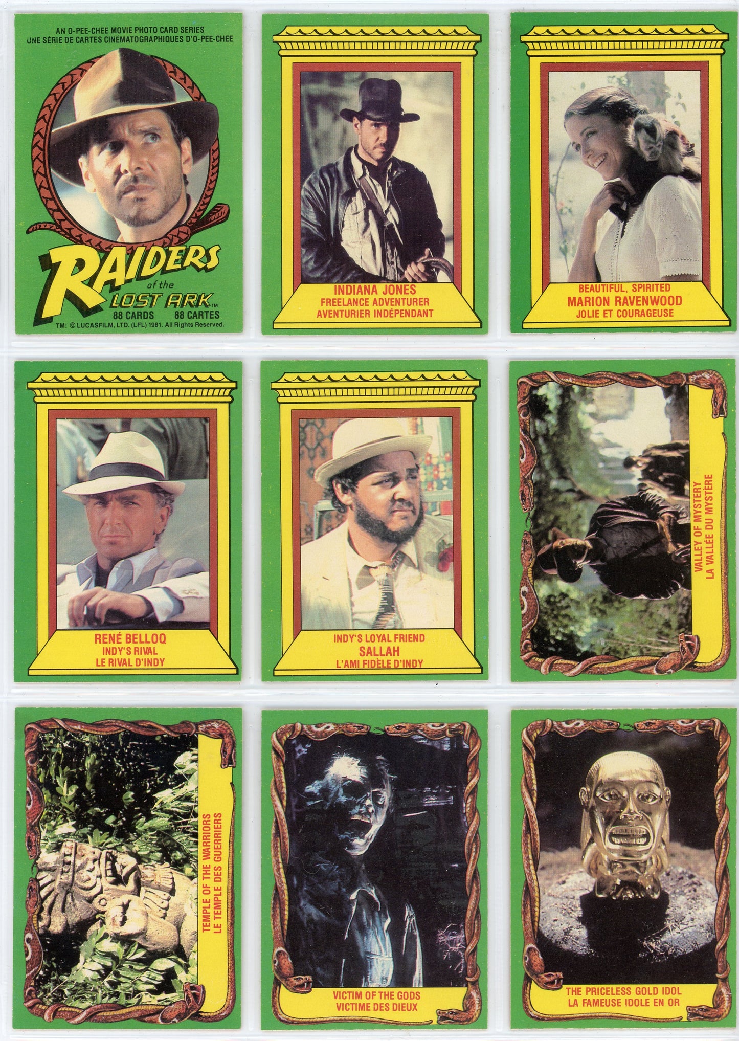 1981 OPC O-Pee-Chee Indiana Jones Raiders of the Lost Ark Trading Card Complete Set (88 Cards)
