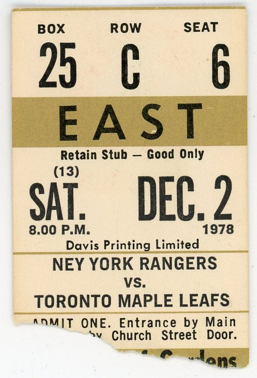 New York Rangers vs. Maple Leafs Vintage Ticket Stub Maple Leaf Gardens (Toronto, 1978)