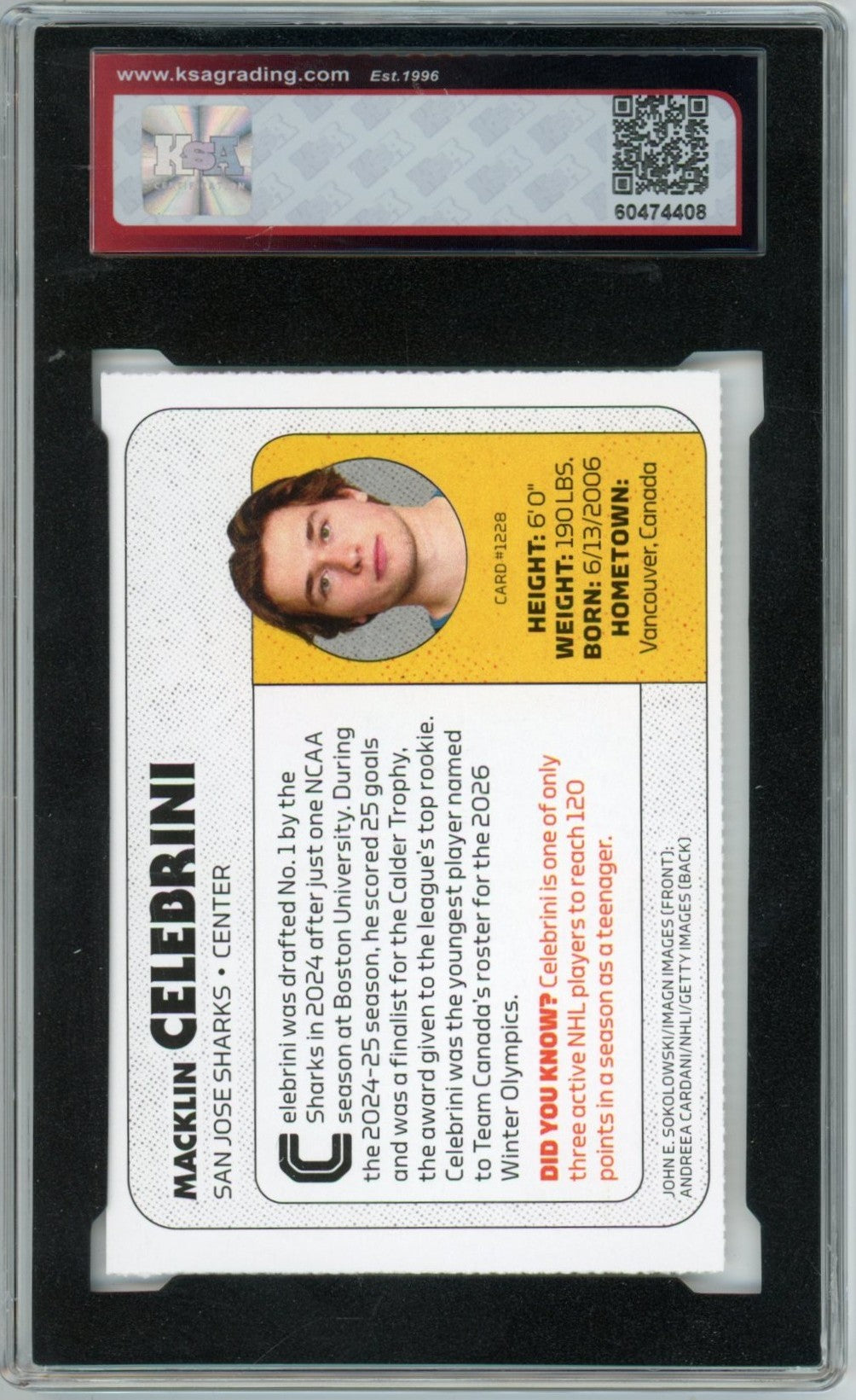2026 Sports Illustrated for Kids Macklin Celebrini #1288 Graded Hockey Card KSA 7.5