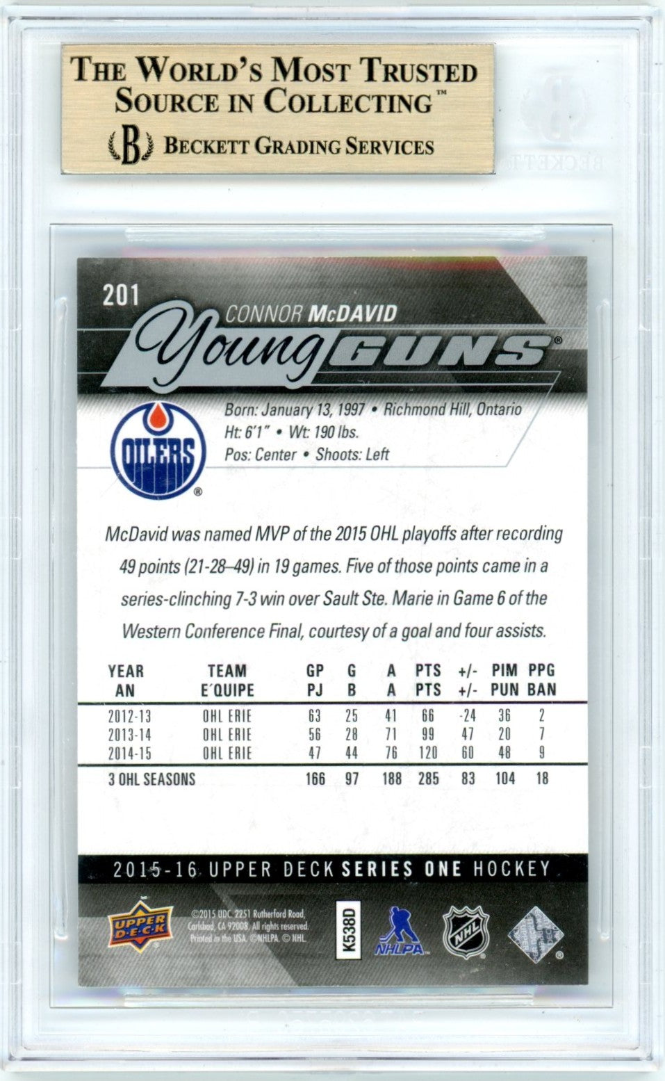 2015/16 Upper Deck Connor McDavid Young Guns #201 Graded Rookie Card BGS 9.5