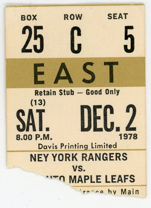 New York Rangers vs. Toronto Maple Leafs Vintage Ticket Maple Leaf Gardens (Toronto, 1978)