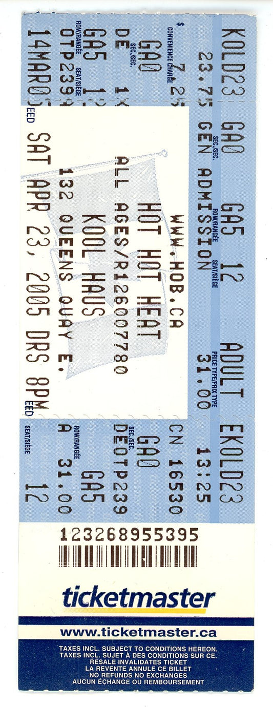 Hot Hot Heat Concert Ticket Stub Kool Haus (Toronto, 2005)