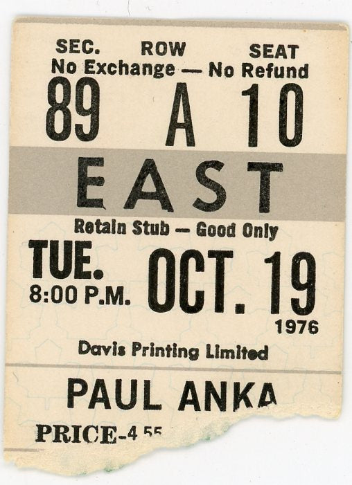 Paul Anka Vintage Concert Ticket Stub Maple Leaf Gardens (Toronto, 1976)