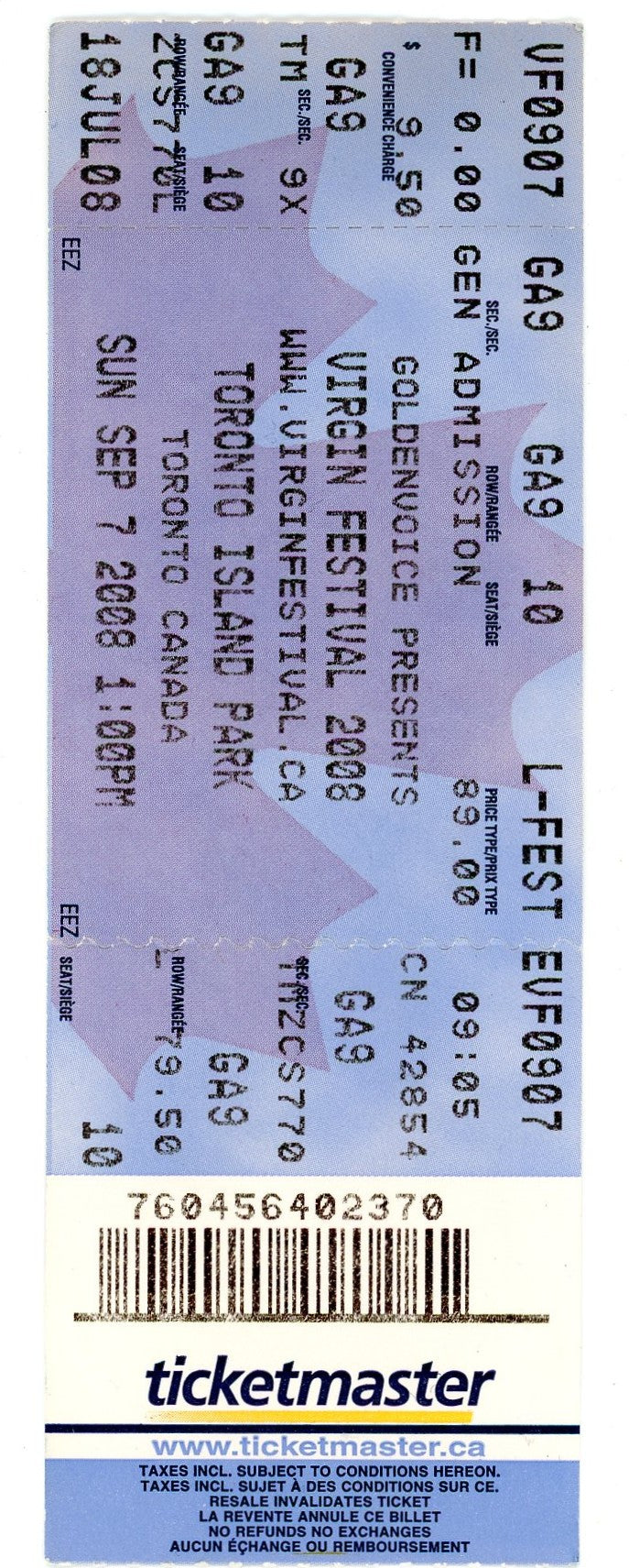 Virgin Festival Concert Ticket Toronto Island Park (Toronto, 2008)