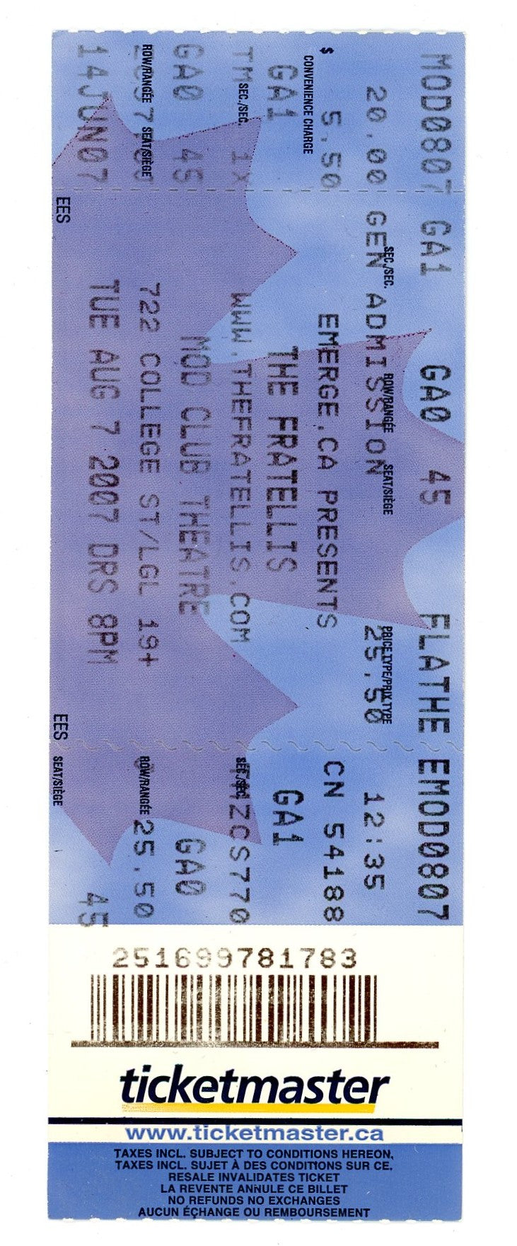 The Fratellis Concert Ticket Stub Mod Club Theatre (Toronto, 2007)