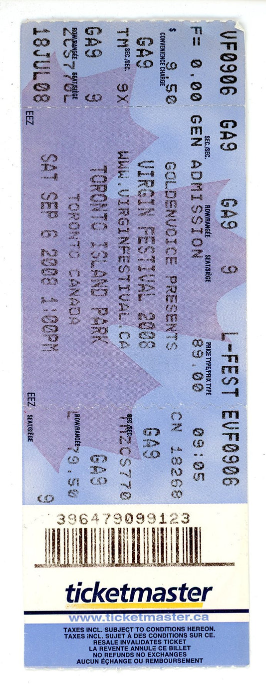Virgin Festival Concert Ticket Stub Toronto Island Park (Toronto, 2008)