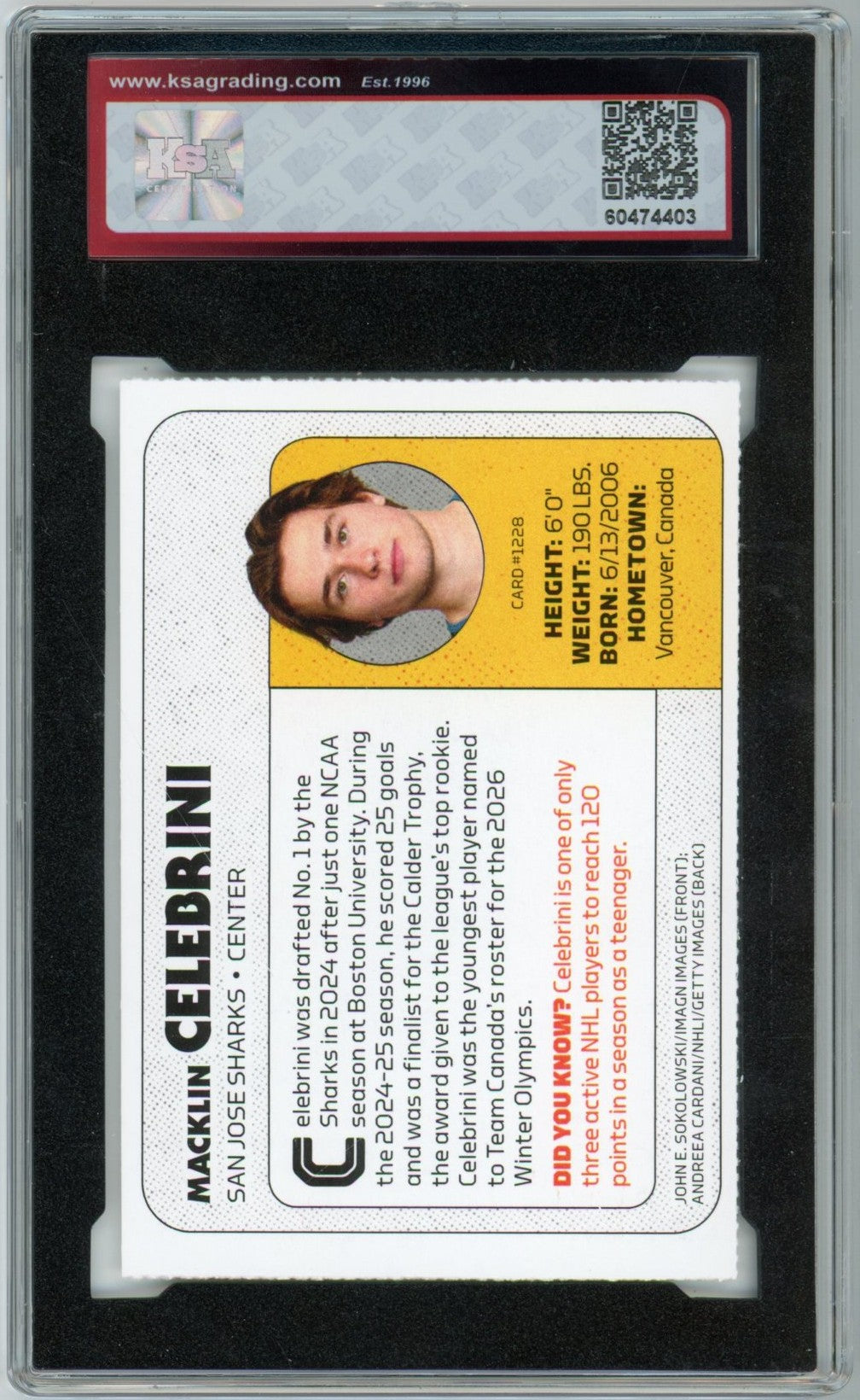 2026 Sports Illustrated Kids Macklin Celebrini Graded Hockey Card #1288 KSA 9