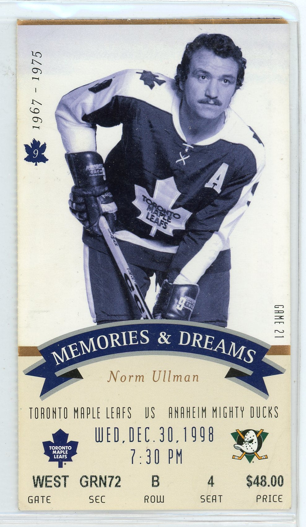 Toronto Maple Leafs vs. Anaheim Mighty Ducks Ticket Stub Maple Leaf Gardens 1998