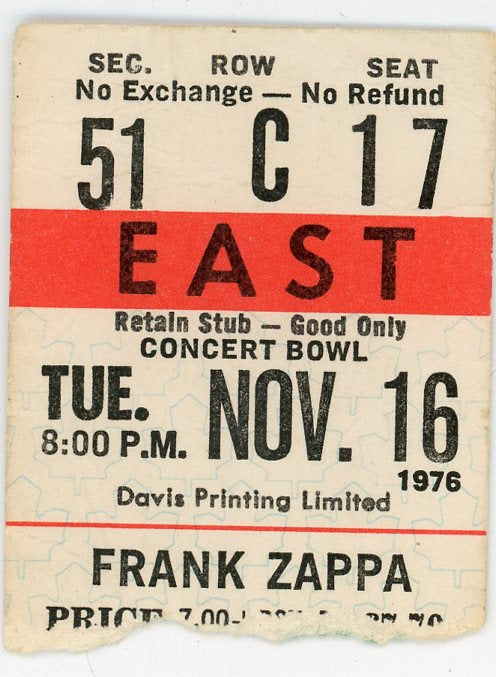 Frank Zappa Vintage Concert Ticket Maple Leaf Gardens (Toronto, 1976)