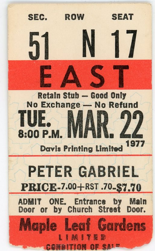 Peter Gabriel Vintage Concert Ticket Maple Leaf Gardens (Toronto, 1977)