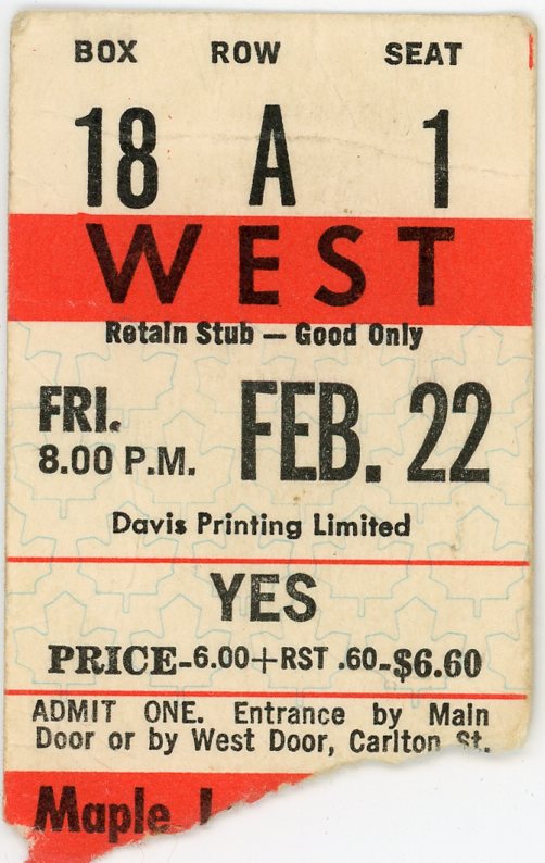 1974 Yes Vintage Concert Ticket Maple Leaf Gardens (Toronto)