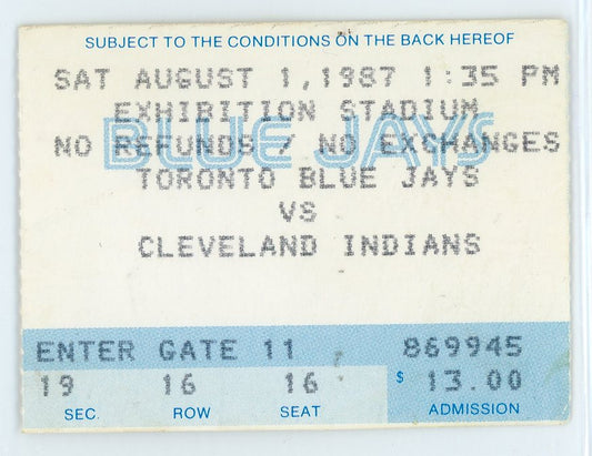 Toronto Blue Jays vs. Cleveland Indians Ticket Stub Exhibition Stadium 1987