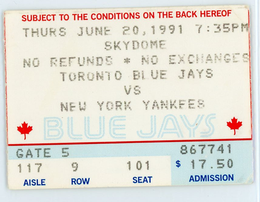 Toronto Blue Jays vs. New York Yankees Ticket Stub Toronto Skydome 1991