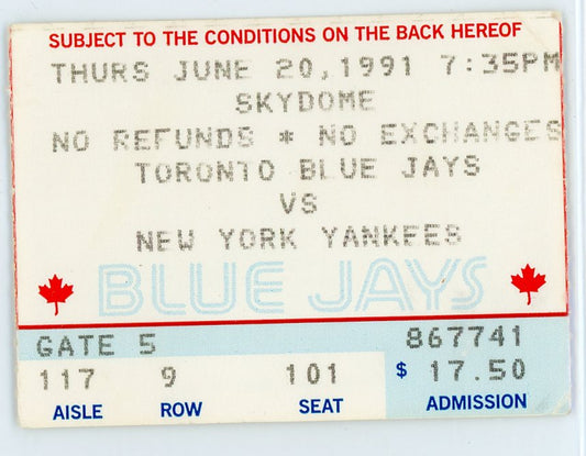 Toronto Blue Jays vs. New York Yankees Ticket Stub Toronto Skydome 1991