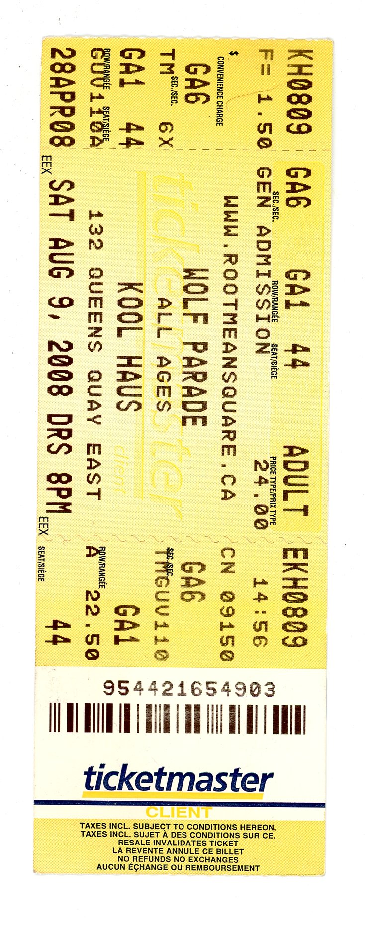 Wolf Parade Concert Ticket Stub Kool Haus (Toronto, 2008)