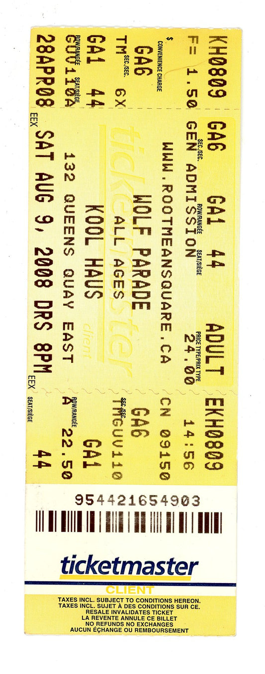 Wolf Parade Concert Ticket Stub Kool Haus (Toronto, 2008)