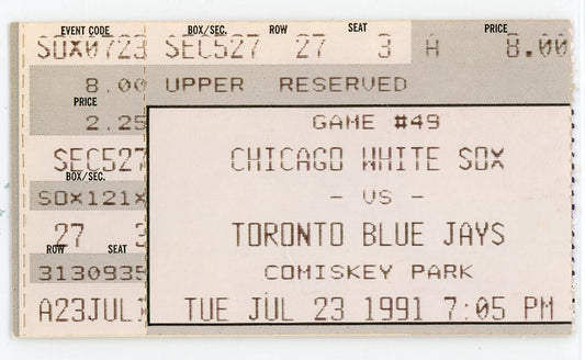 Chicago White Sox vs. Toronto Blue Jays Ticket Stub Comiskey Park 1991