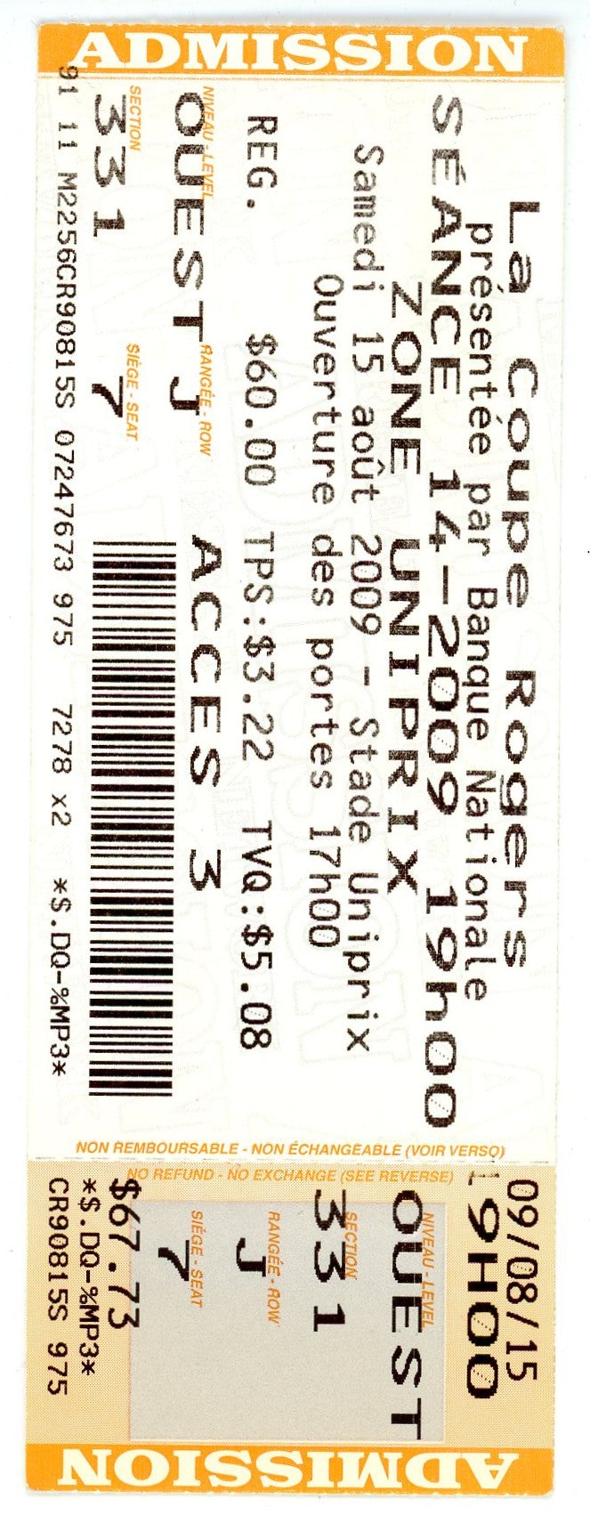 Rogers Cup Tennis Tournament Vintage Ticket Stub Stade Uniprix (Montreal, 2009)