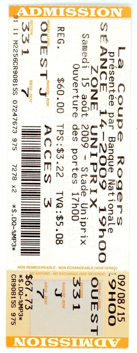 Rogers Cup Tennis Tournament Vintage Ticket Stub Stade Uniprix (Montreal, 2009)