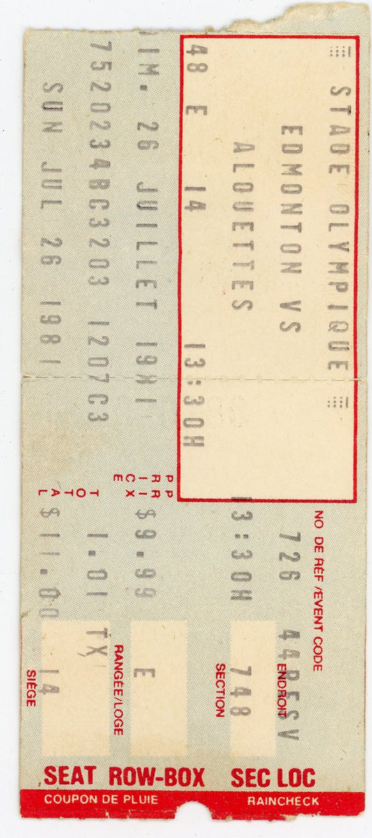 Edmonton Eskimos vs. Montreal Alouettes Vintage Ticket Stade Olympique (Montreal, 1981)