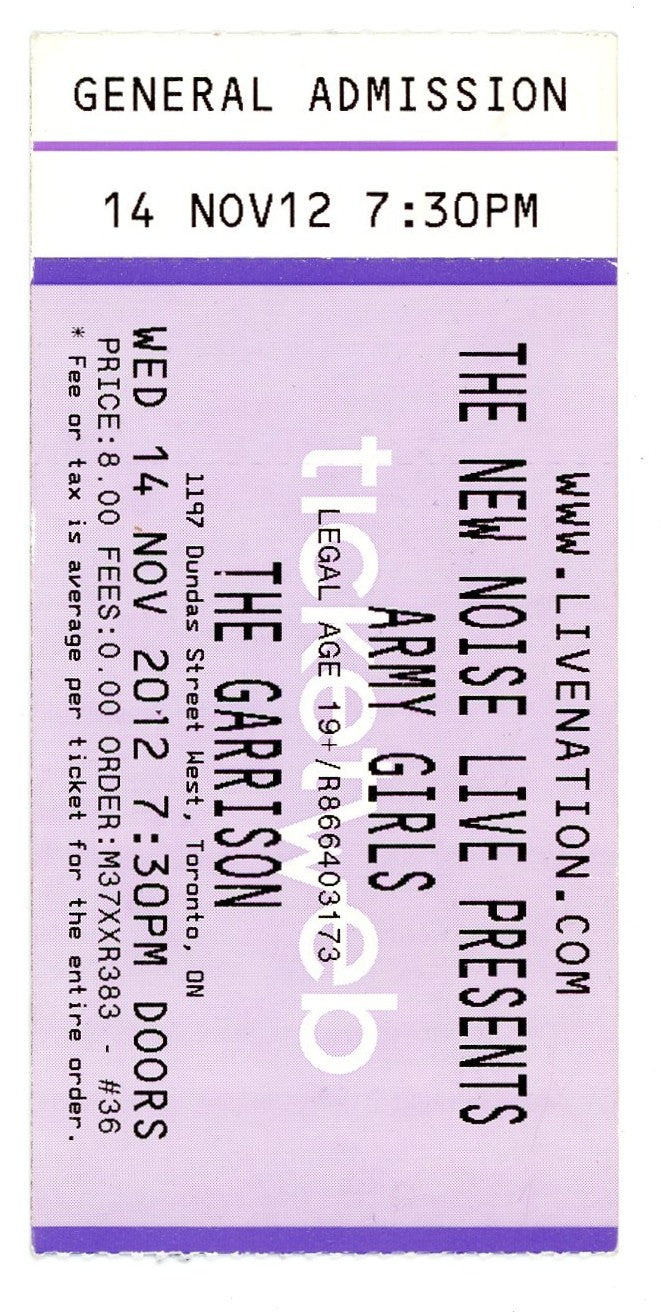 Army Girls Concert Ticket Stub The Garrison (Toronto, 2012)