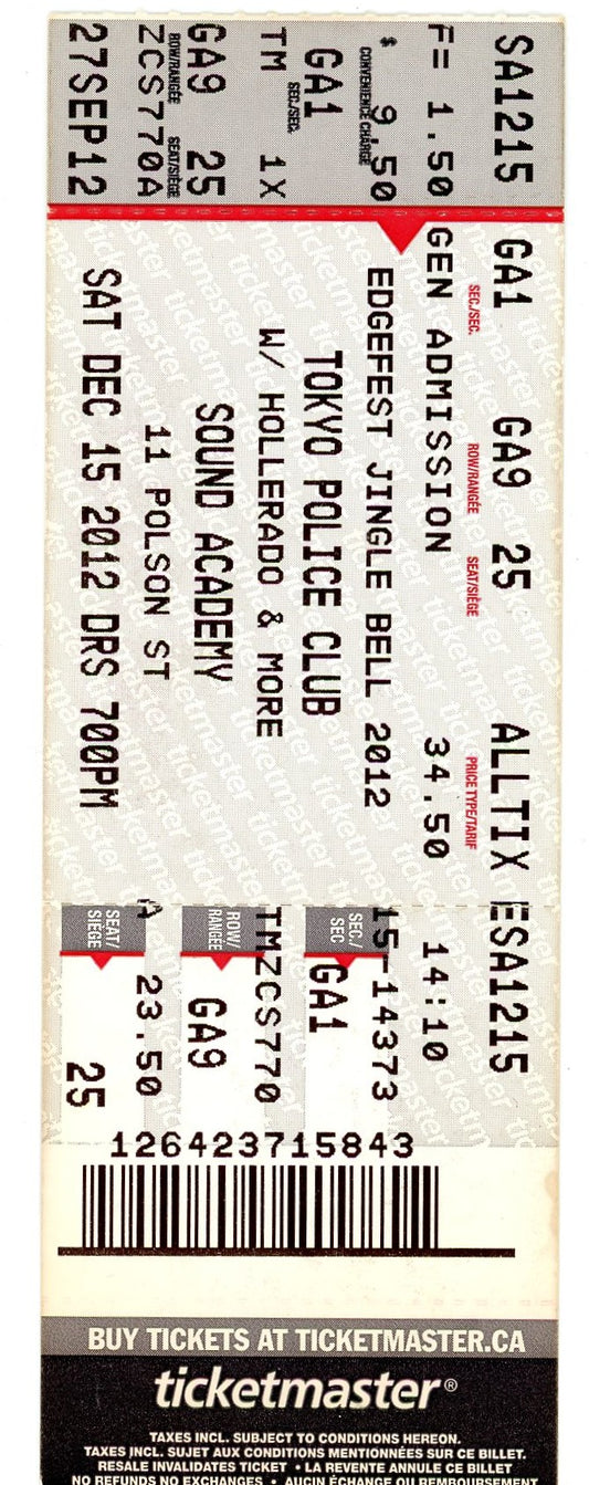 Tokyo Police Club Concert Ticket Stub Sound Academy (Toronto, 2012)