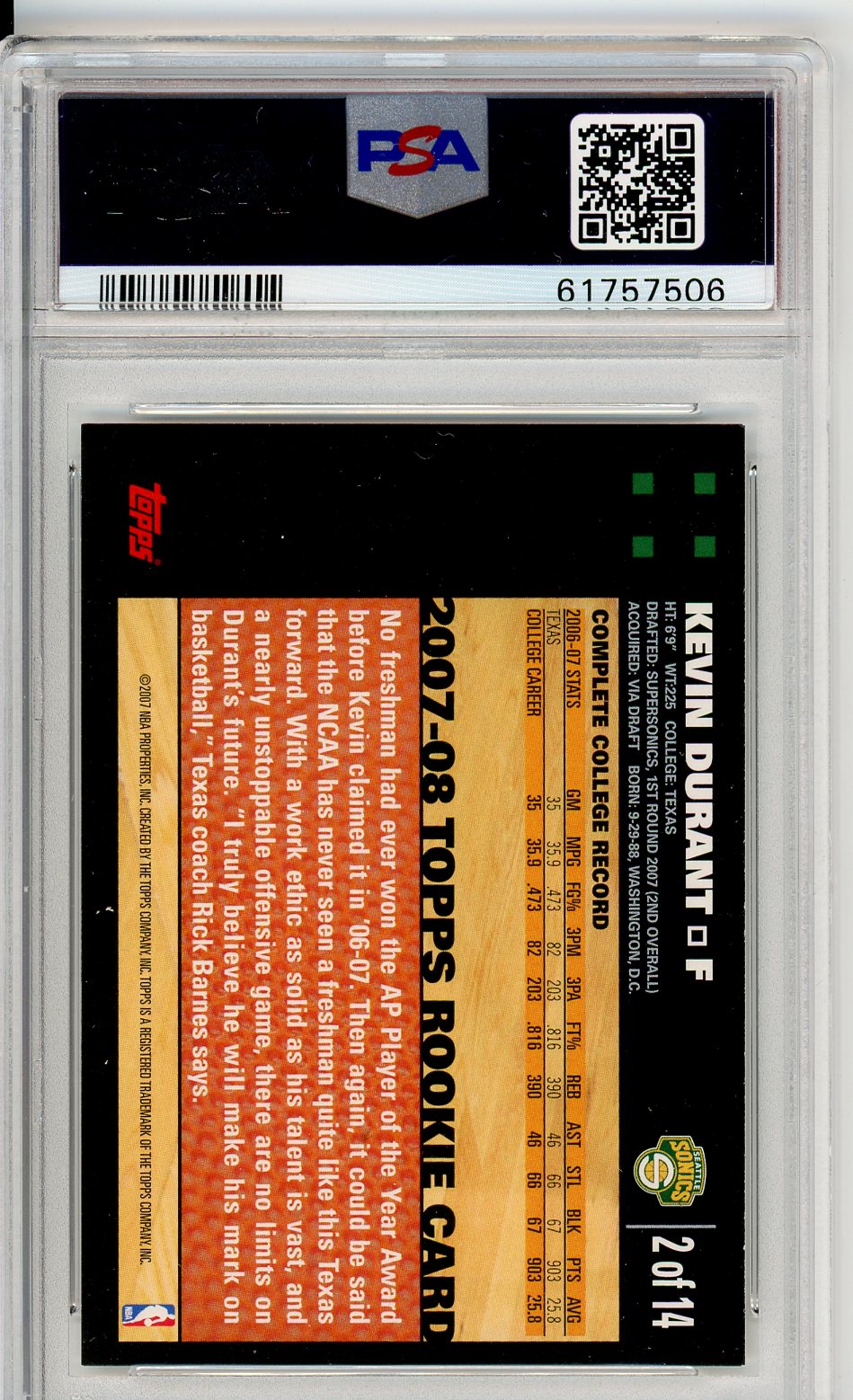 2007 Topps Kevin Durant Graded Rookie Card PSA 9