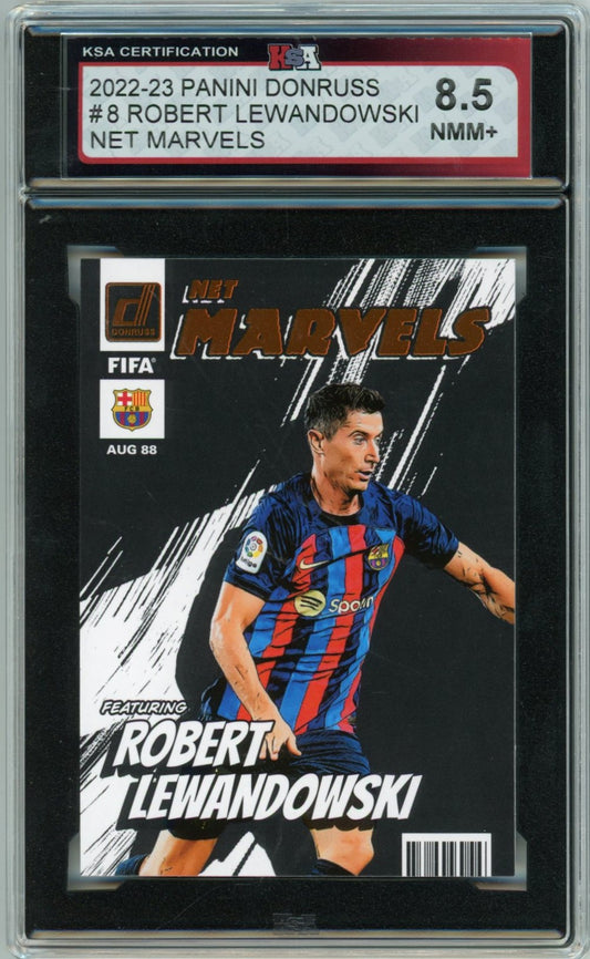2022/23 Panini Donruss Robert Lewandowski Net Marvels Graded Soccer Card #8 KSA 8.5