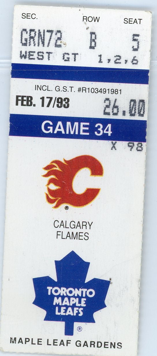 Calgary Flames vs. Toronto Maple Leafs Ticket Stub Maple Leaf Gardens 1993