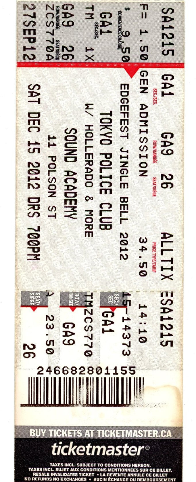 Tokyo Police Club Concert Ticket Sound Academy (Toronto, 2012)