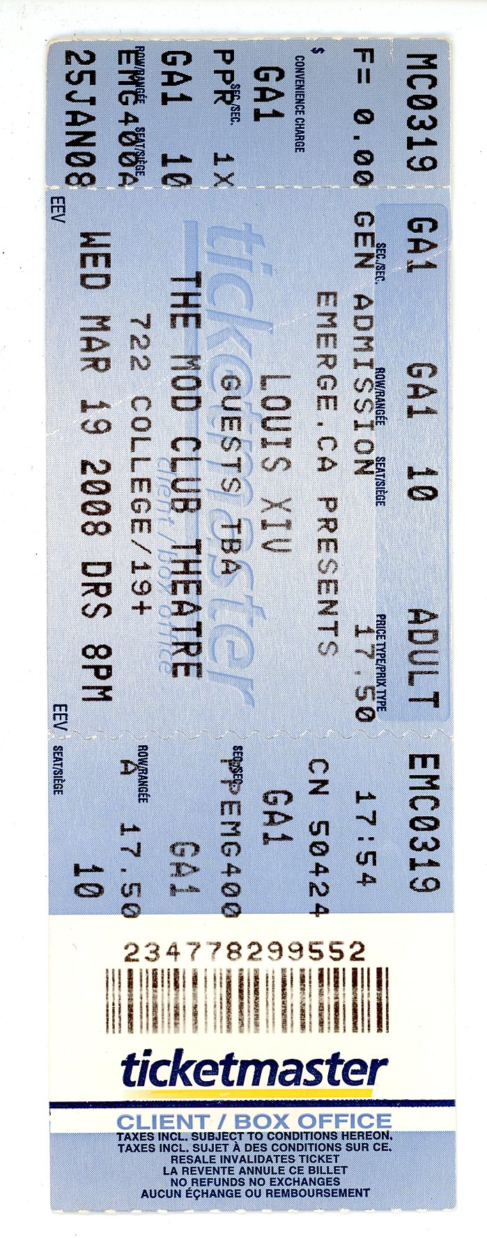 Louis XIV Concert Ticket Stub Mod Club Theatre (Toronto, 2008)