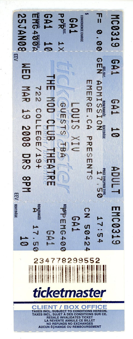 Louis XIV Concert Ticket Stub Mod Club Theatre (Toronto, 2008)