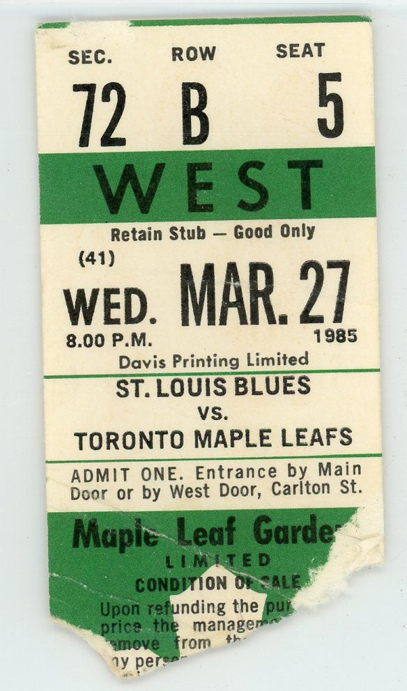 St. Louis Blues vs. Toronto Maple Leafs Ticket Stub Maple Leaf Gardens 1985
