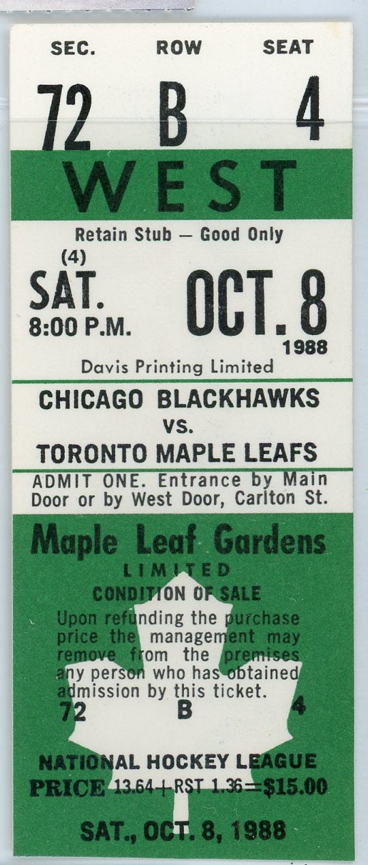 Chicago Blackhawks vs. Toronto Maple Leafs Ticket Stub Maple Leaf Gardens 1988