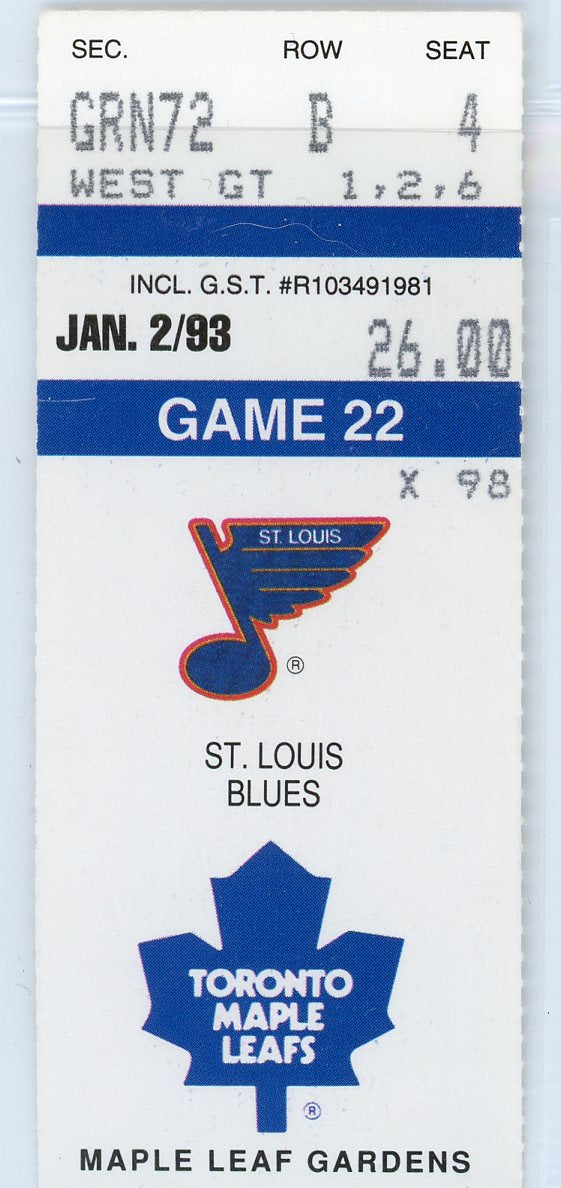 St. Louis Blues vs. Toronto Maple Leafs Ticket Stub Maple Leaf Gardens 1993