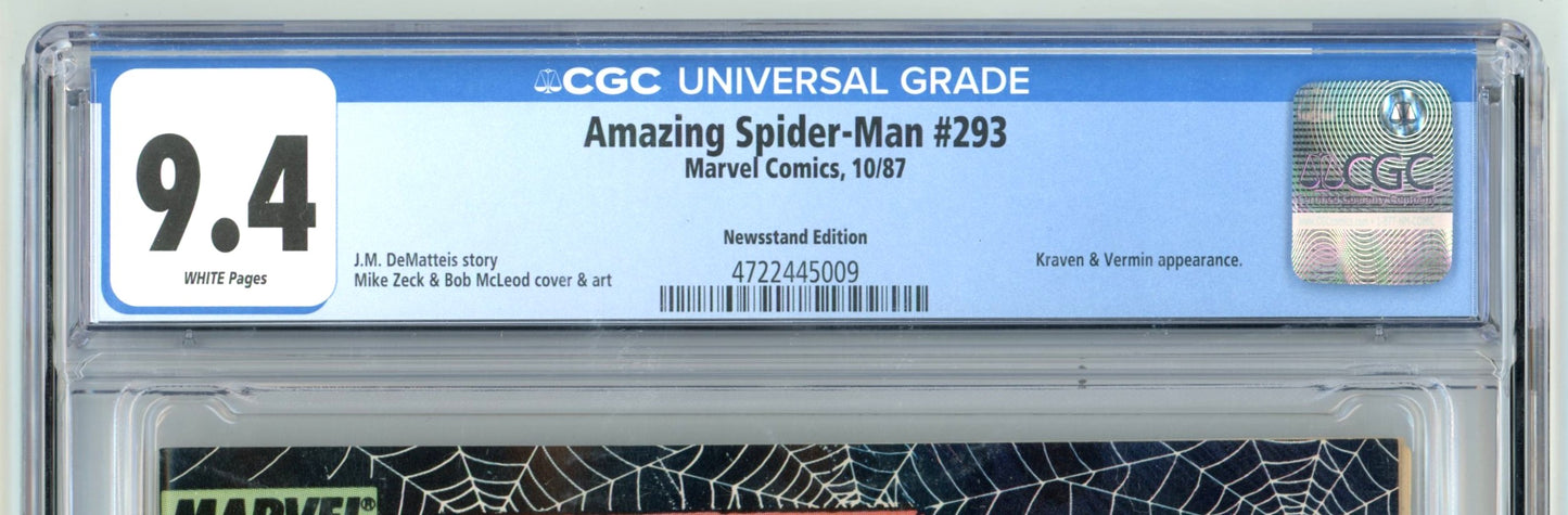1987 Marvel Comics Amazing Spider-Man #293 Graded Comic Book CGC 9.4 1st Appearance of Kraven & Vermin Newsstand