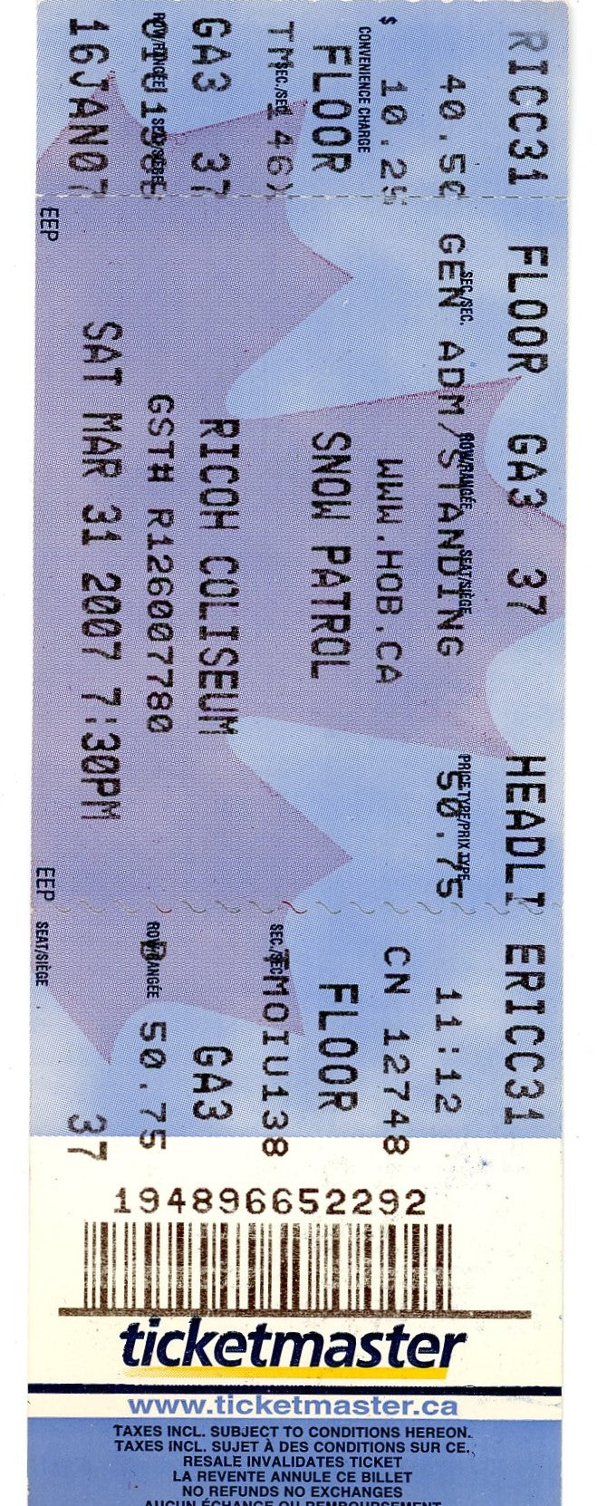 Snow Patrol Concert Ticket Stub Ricoh Coliseum (Toronto, 2007)