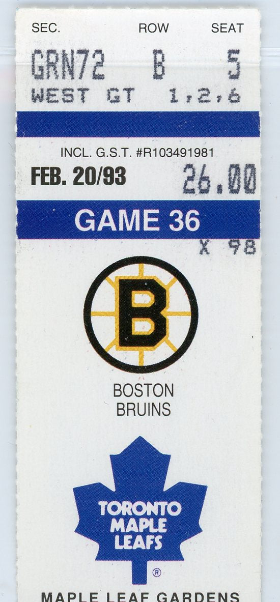 Boston Bruins vs. Toronto Maple Leafs Ticket Stub Maple Leaf Gardens 1993