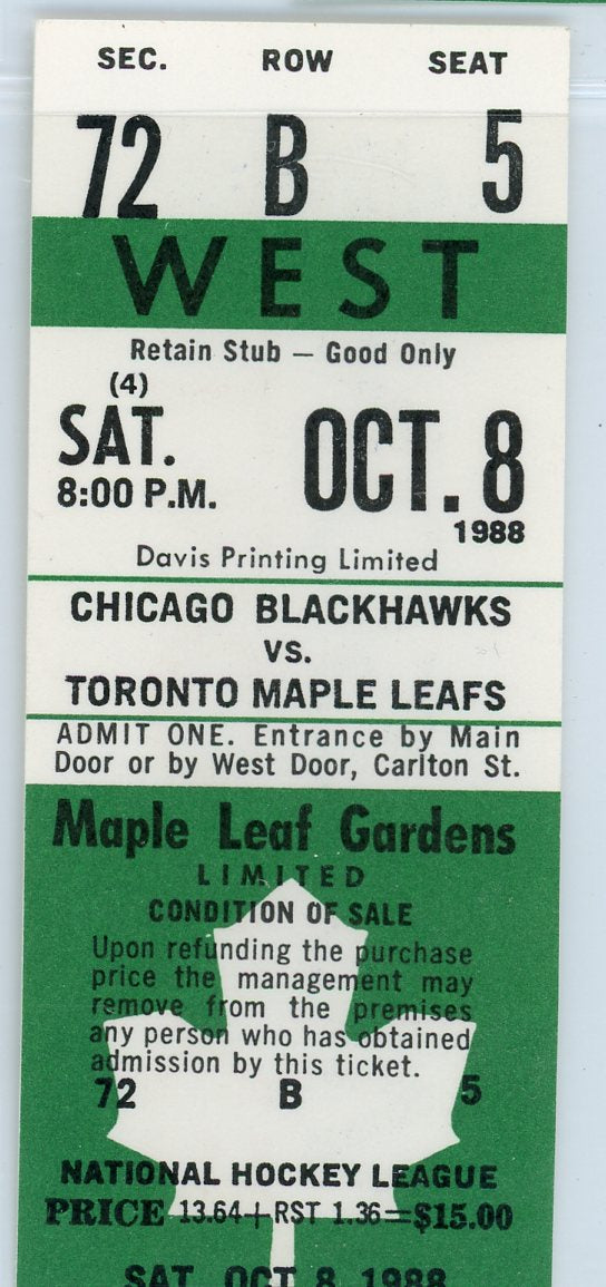 Chicago Blackhawks vs. Toronto Maple Leafs Vintage Ticket Stub Maple Leaf Gardens 1988