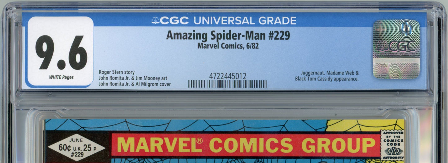 1982 Marvel Comics Amazing Spider-Man #229 Graded Comic Book CGC 9.6 UK Price Variant